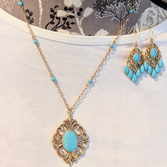 Vintage Ralph Lauren Statement Turquoise-like Gold Tone Necklace & Earrings Set! - Picture 1 of 5